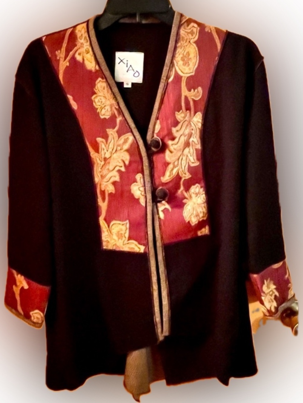 Xiao Vintage 90s Tapestry Jacket Small Black Burgundy Floral Art Wear Boho Tunic